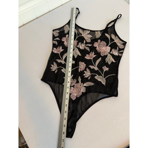 Express Womens S Whimsigoth Sheer Embroidered Floral Thong Bodysuit Boho Sexy - Picture 5 of 9